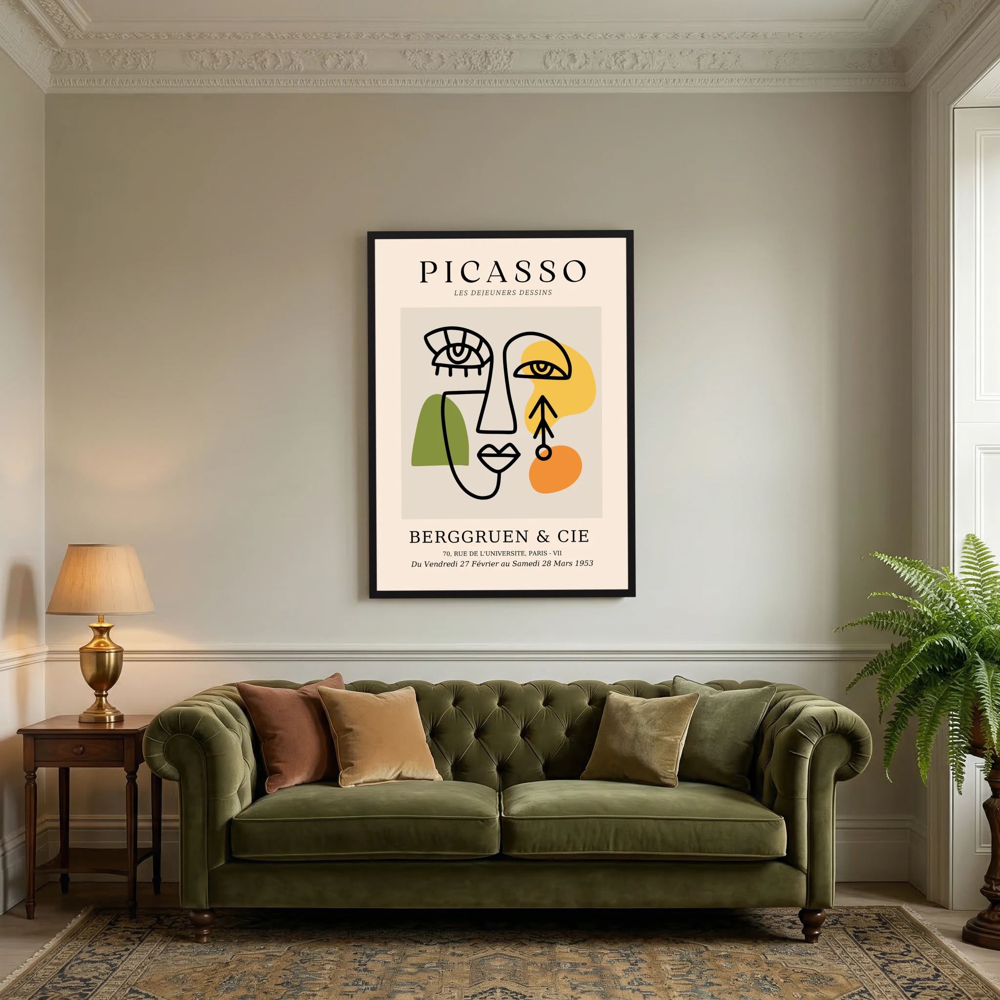 Abstract cubist face drawn in black with green, yellow and orange blocks on a neutral exhibition-style poster, shown in product view 8.