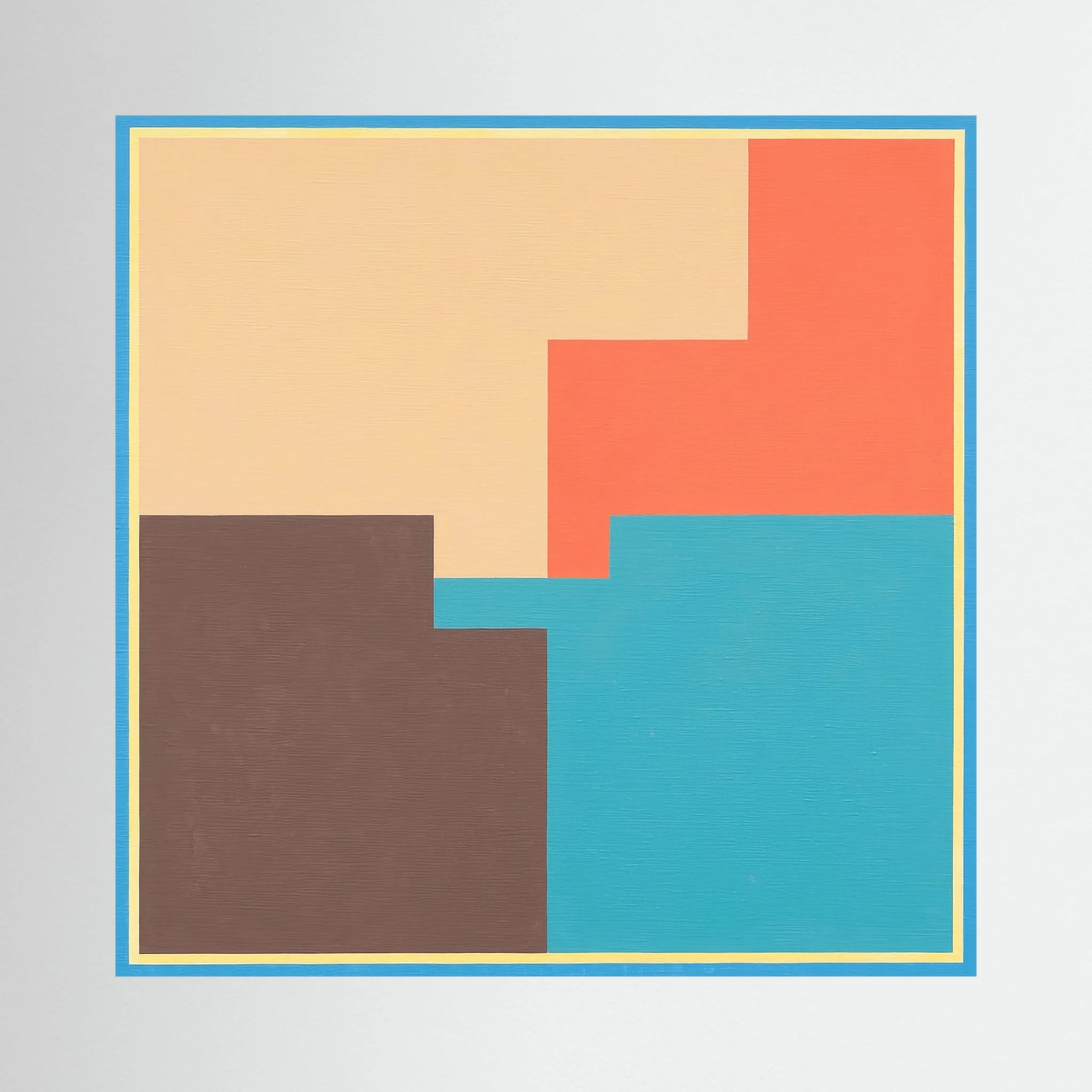 Coral, turquoise, brown and cream blocks overlap within a crisp geometric border, shown in product view 4.