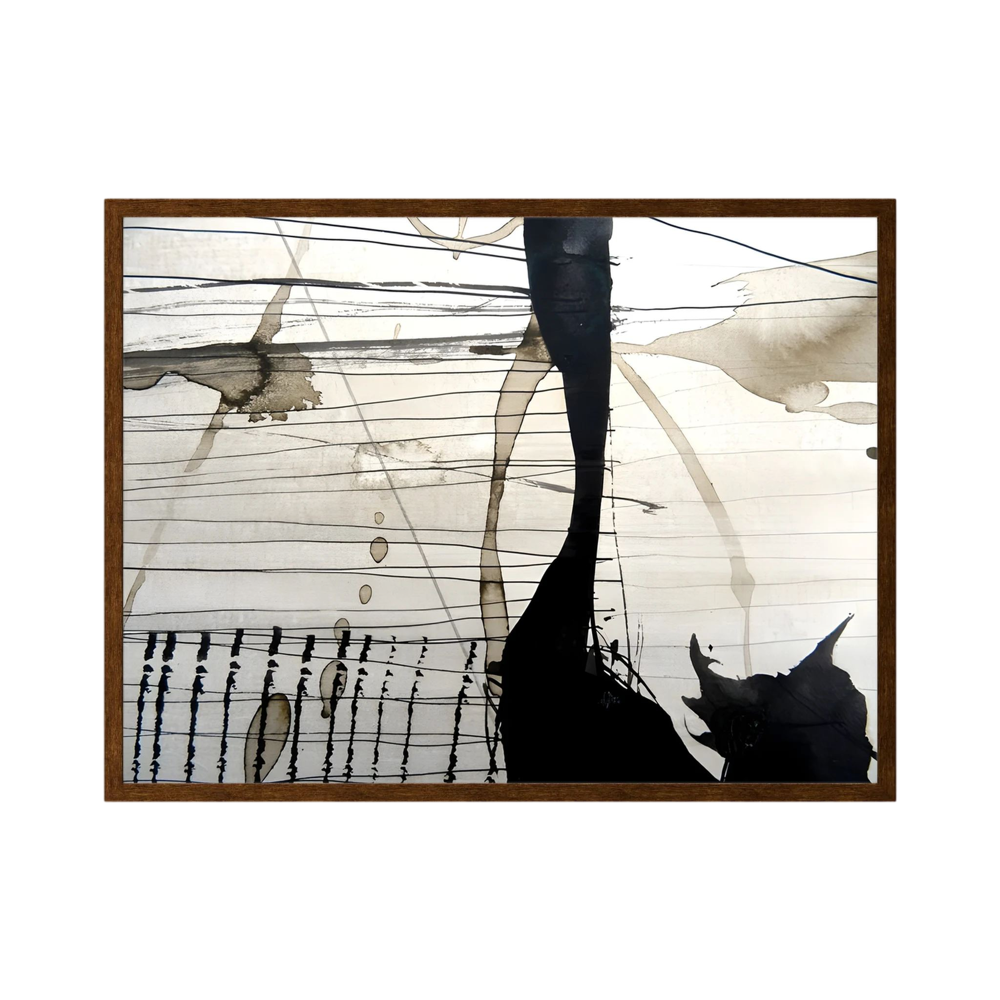 Black linear marks and translucent taupe washes create a wide abstract landscape, shown in product view 4.