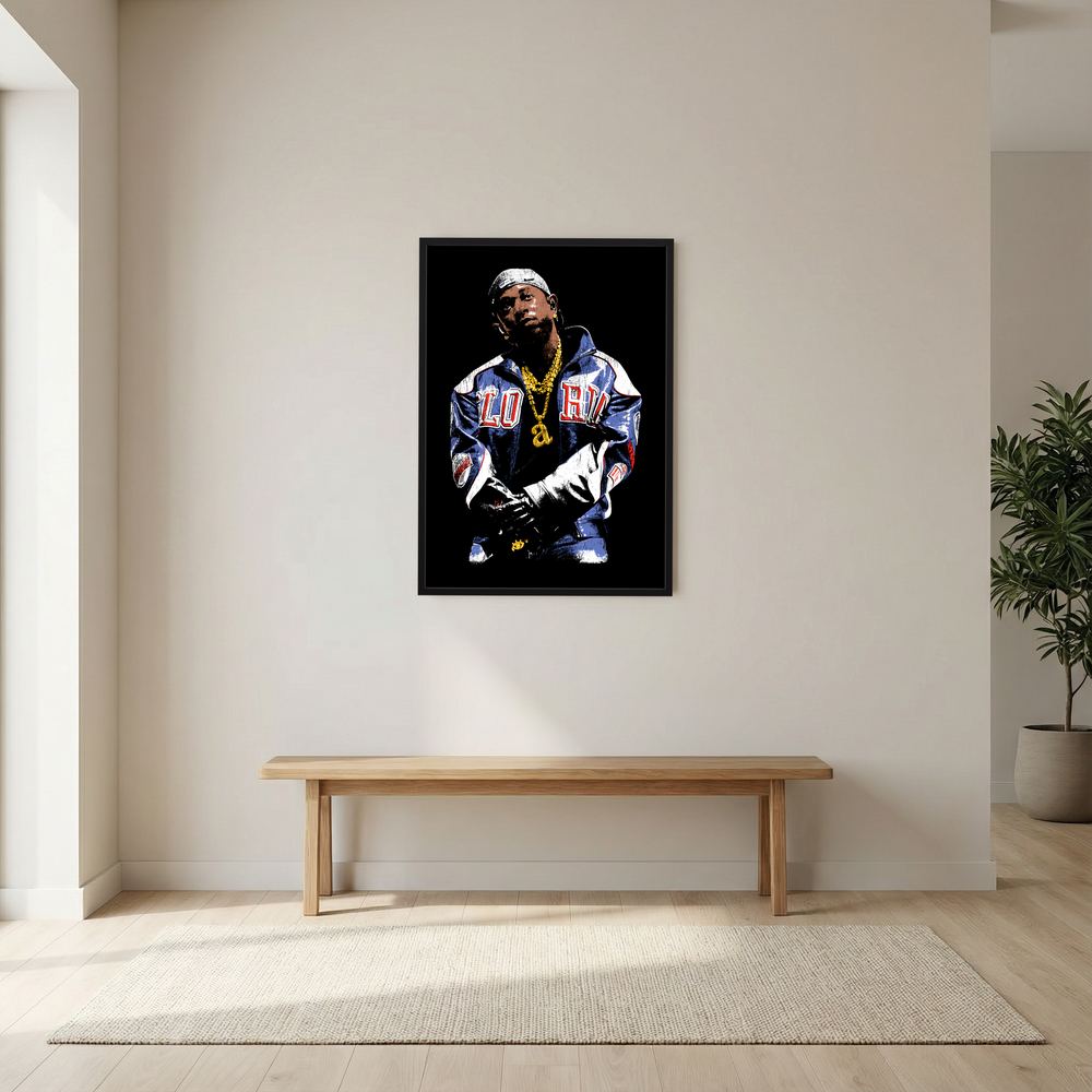 Alternative size view of black hip-hop portrait with blue, white, red and gold details, shown in a dark oak wooden frame.