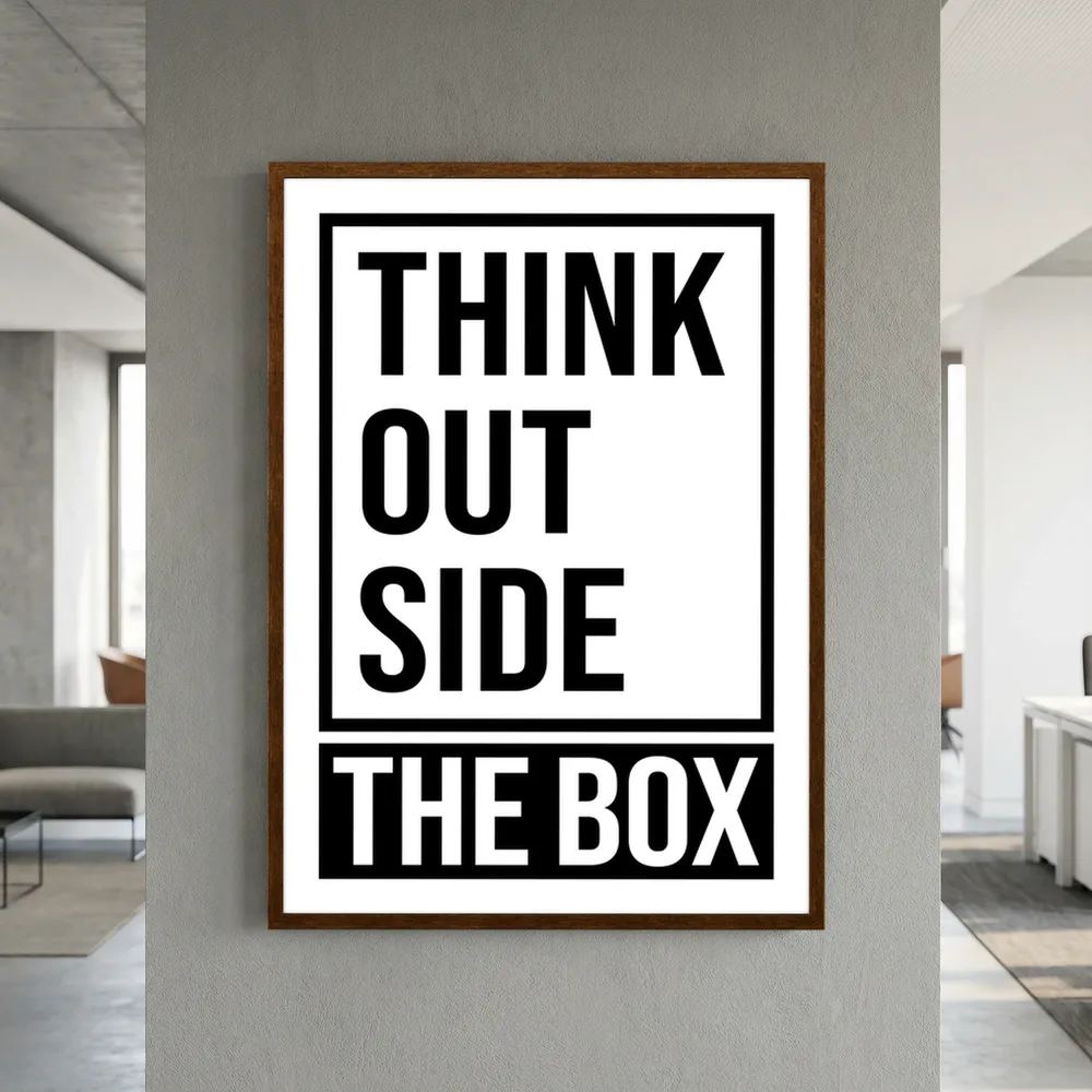 Bold black typography stacks the words think outside the box within and beyond a rectangular frame, shown in product view 6.