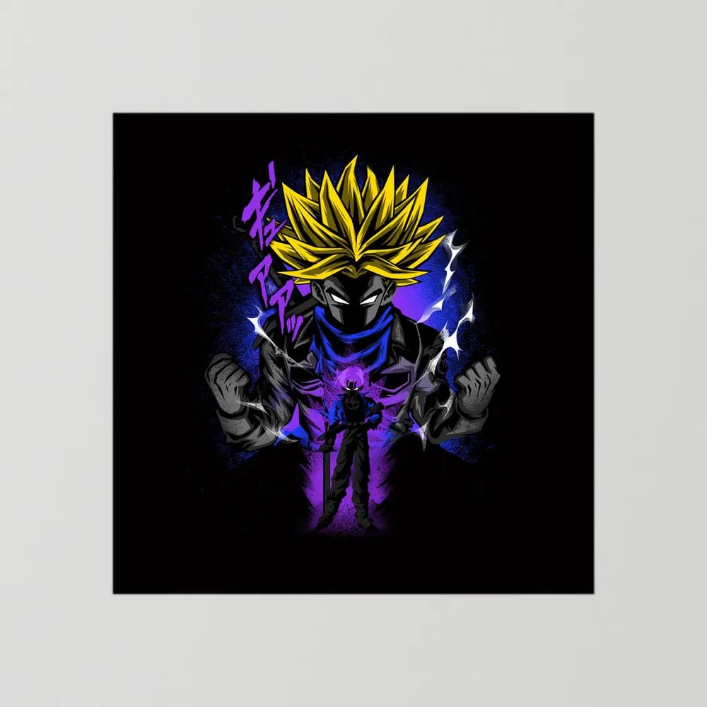 Spiky yellow-haired anime warrior powers up amid purple energy and white lightning on black.