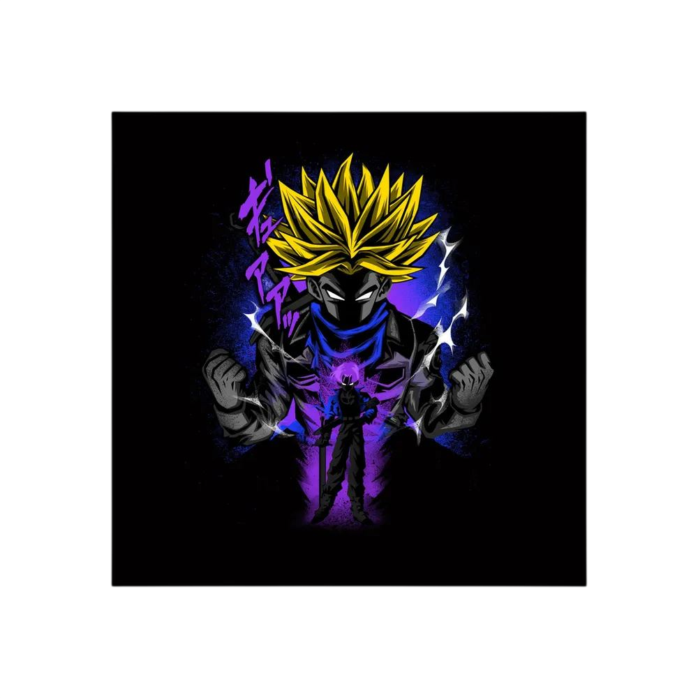 Spiky yellow-haired anime warrior powers up amid purple energy and white lightning on black.