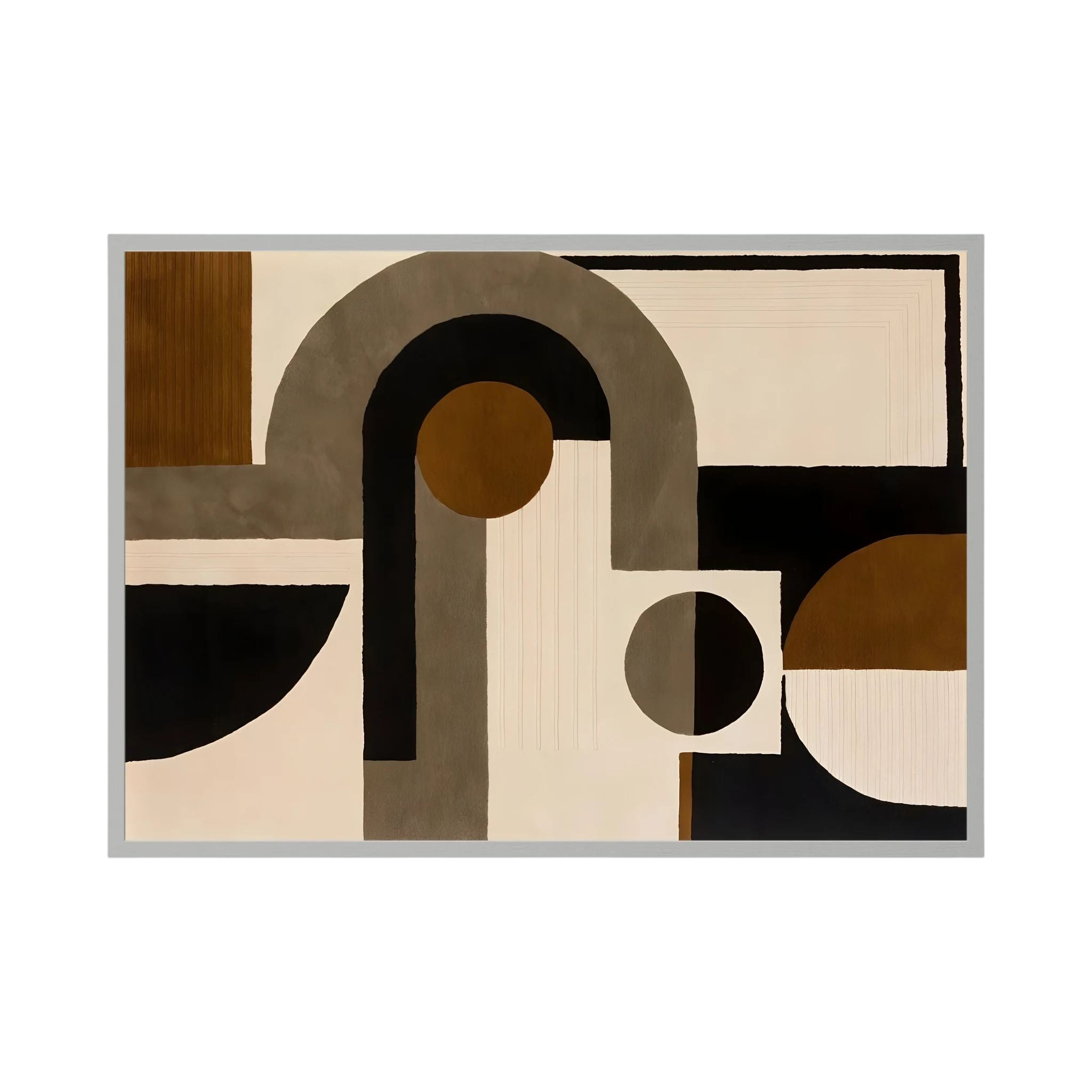 Neutral brown, black and cream arches and circles arranged in a horizontal geometric design.