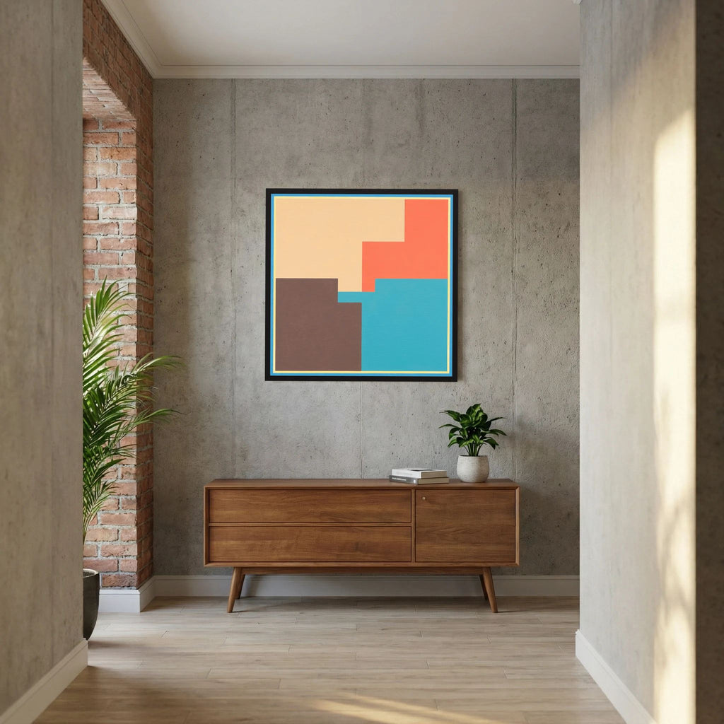 Coral, turquoise, brown and cream blocks overlap within a crisp geometric border, shown in product view 8.