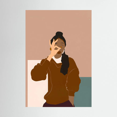 Minimalist woman in warm brown tones making an OK gesture against blush and muted teal blocks, shown in product view 2.