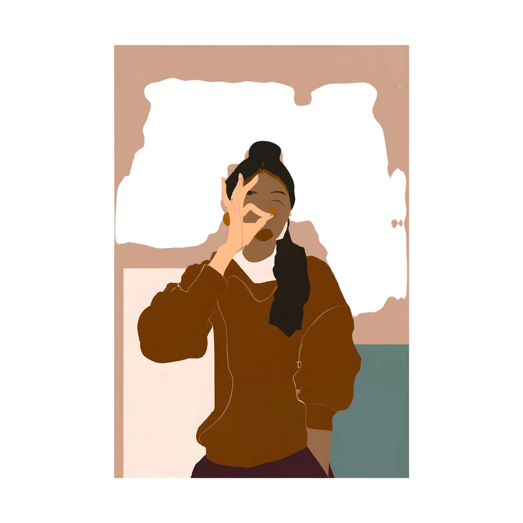 Minimalist woman in warm brown tones making an OK gesture against blush and muted teal blocks, shown in product view 2.