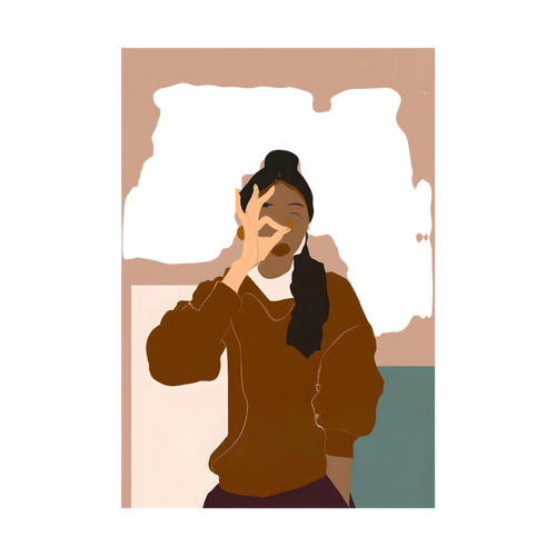Minimalist woman in warm brown tones making an OK gesture against blush and muted teal blocks, shown in product view 2.