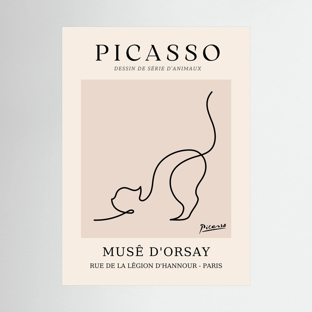 Single black line sketches a curious cat with raised tail in a warm beige museum-style poster, shown in product view 2.