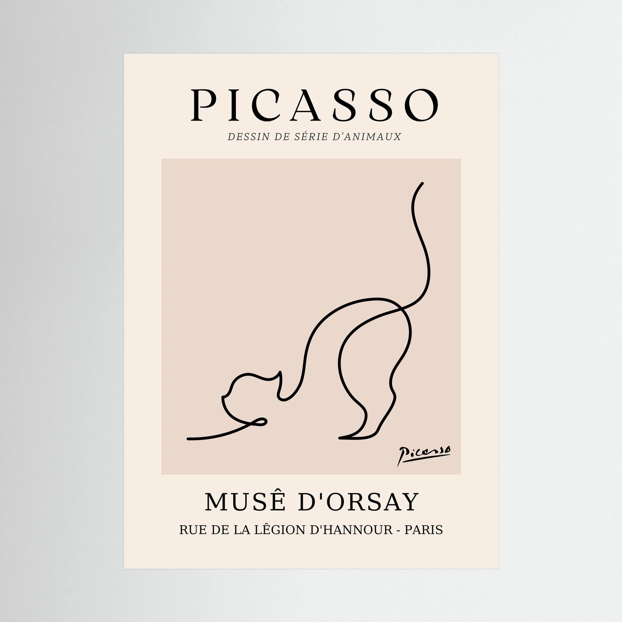 Single black line sketches a curious cat with raised tail in a warm beige museum-style poster, shown in product view 2.