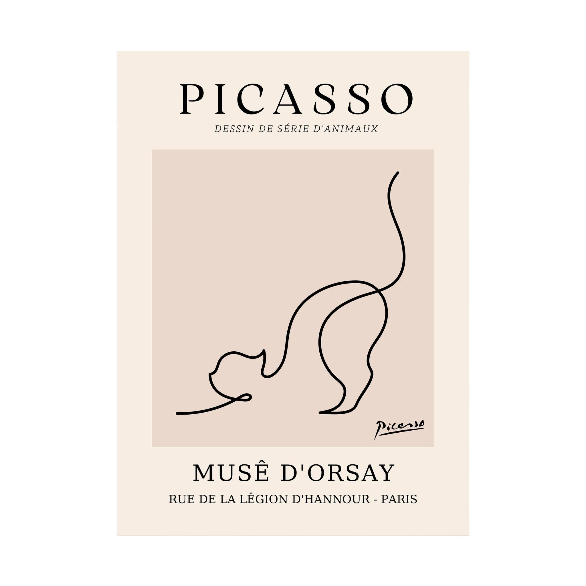 Single black line sketches a curious cat with raised tail in a warm beige museum-style poster, shown in product view 2.