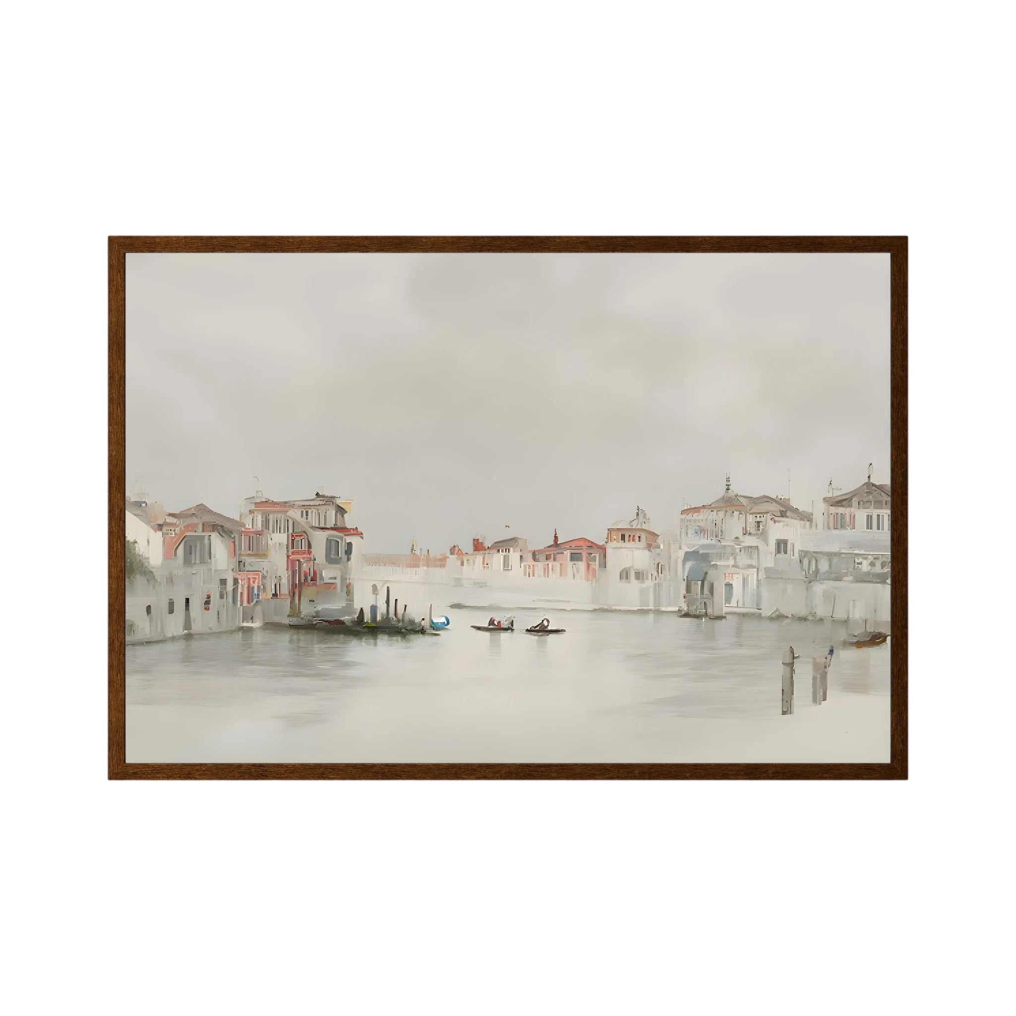 Soft neutral watercolour of Venice waterfront buildings and small boats.
