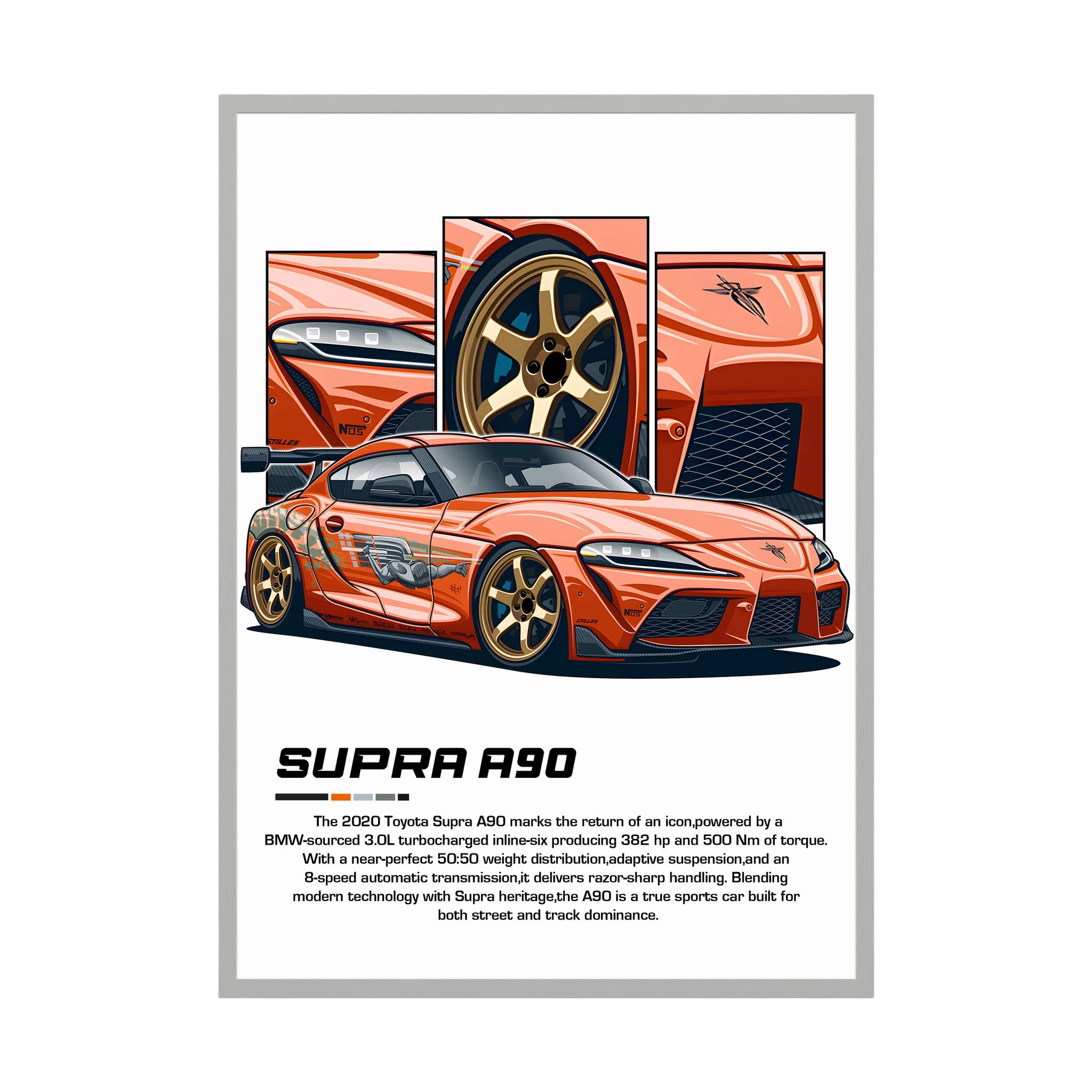 Copper-orange Toyota Supra A90 illustration with gold wheels and close-up body panels.