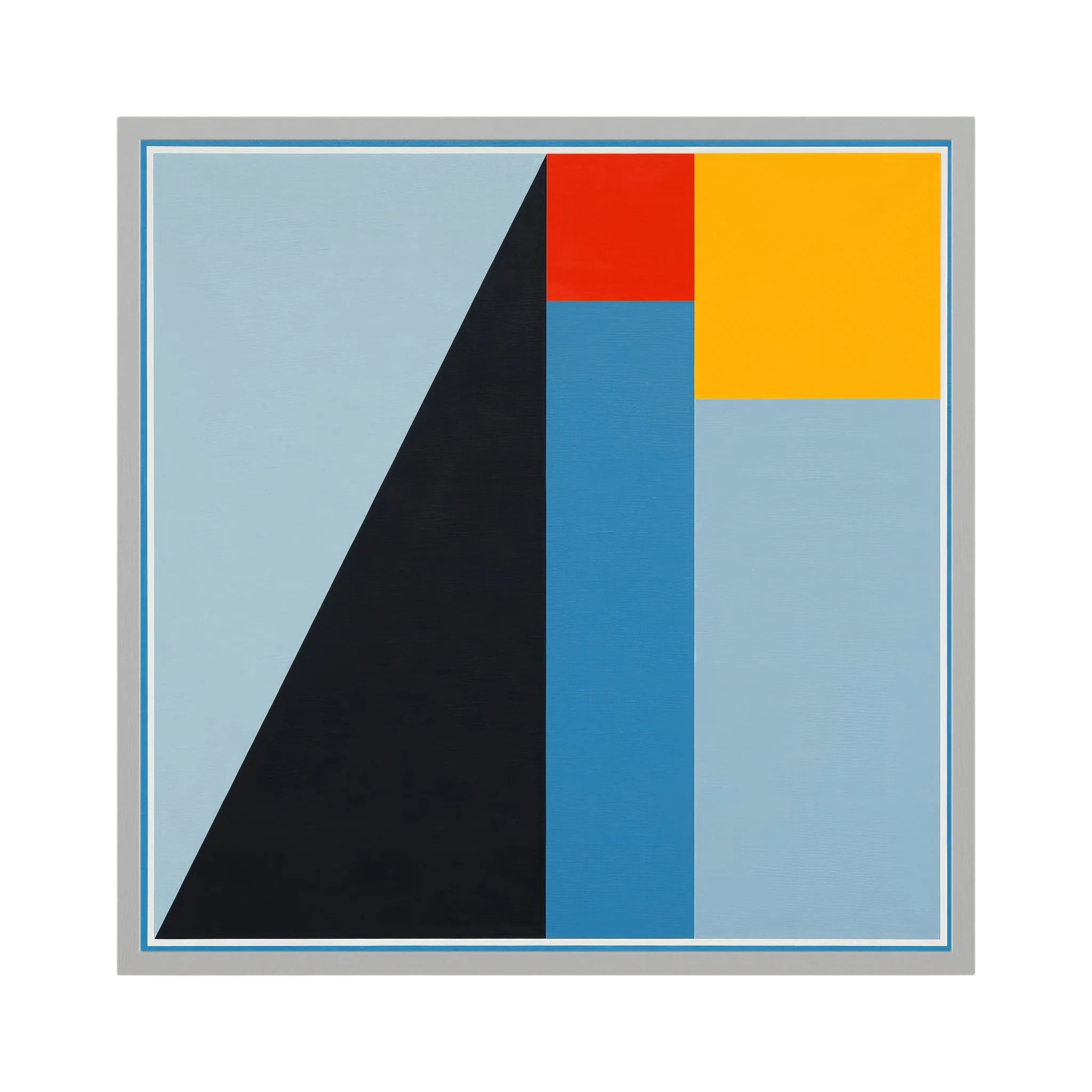 Pale blue, navy, yellow and red geometric planes form a strong ascending abstract composition.