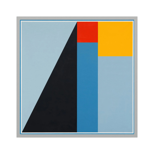 Pale blue, navy, yellow and red geometric planes form a strong ascending abstract composition.