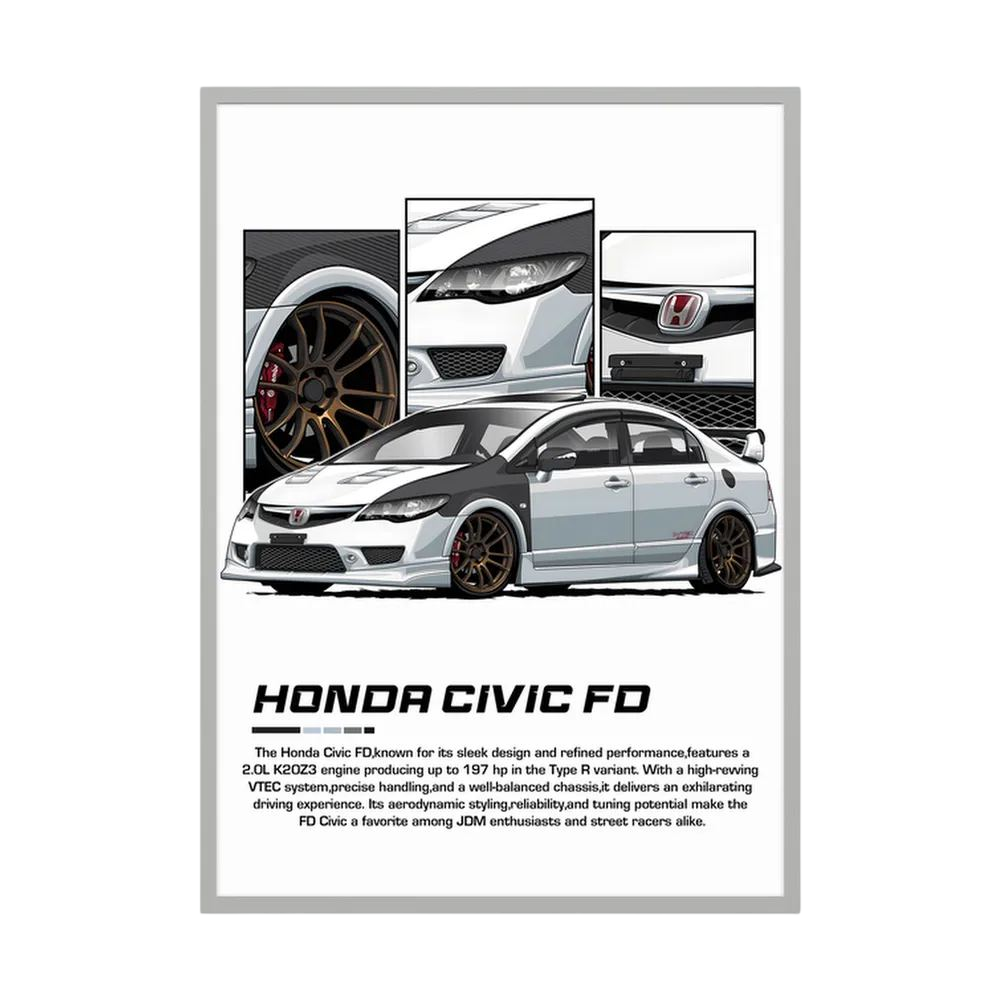 White Honda Civic FD illustration with bronze wheels and close-up body panels.
