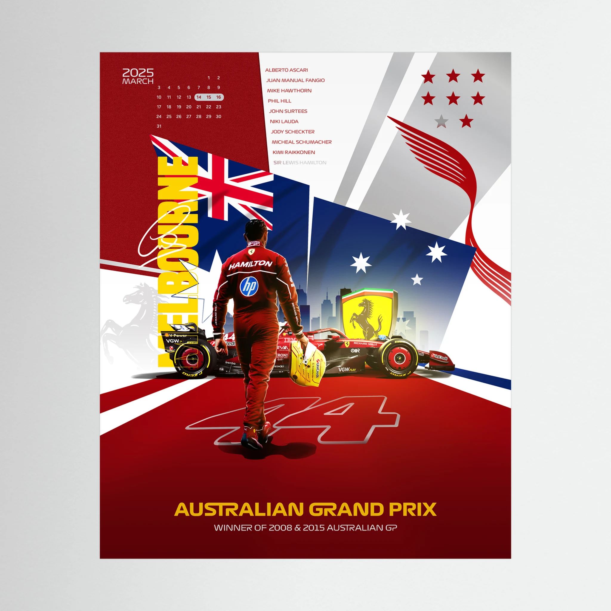 Red Formula One racing poster with driver, car and Australian flag graphics.