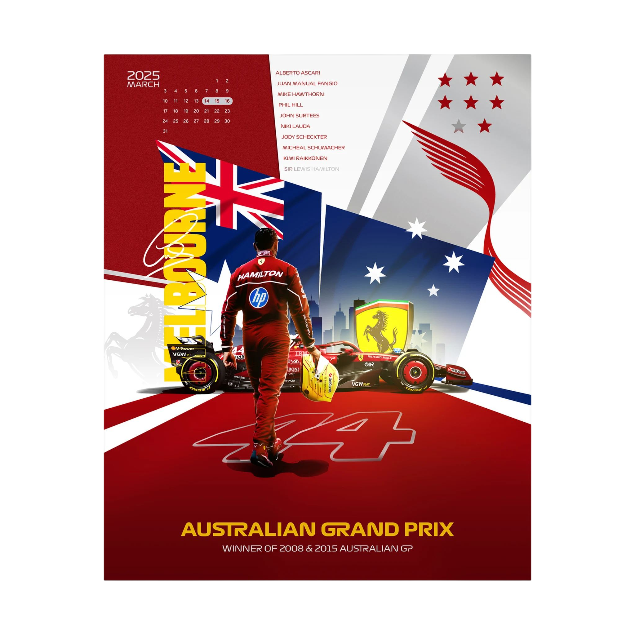 Red Formula One racing poster with driver, car and Australian flag graphics.