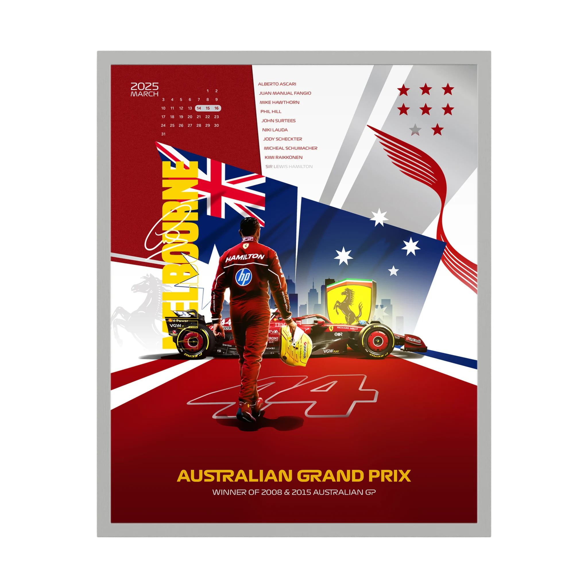 Red Formula One racing poster with driver, car and Australian flag graphics.