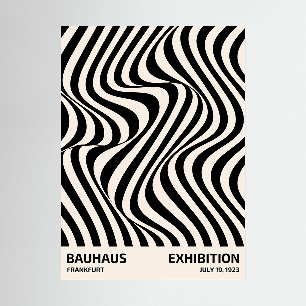 Black and white striped optical pattern flowing in curved waves.