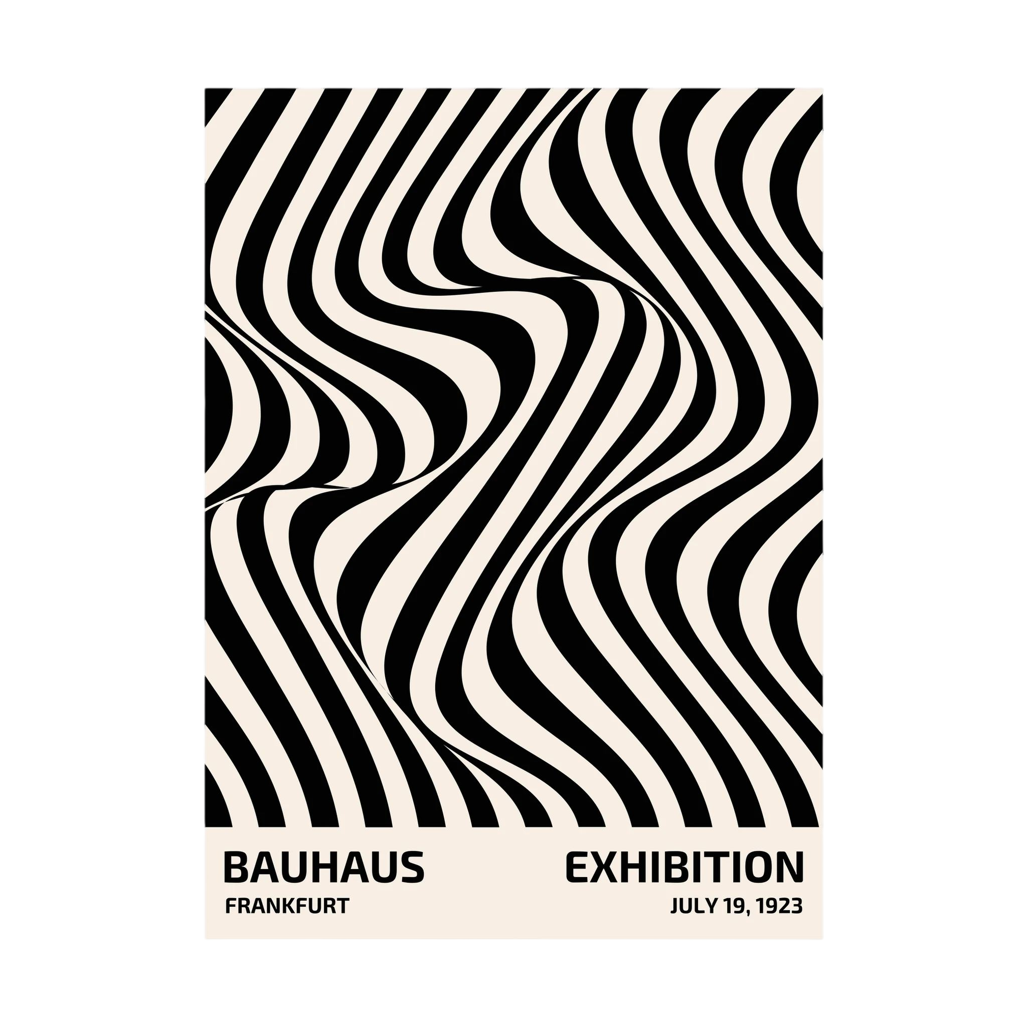 Black and white striped optical pattern flowing in curved waves.