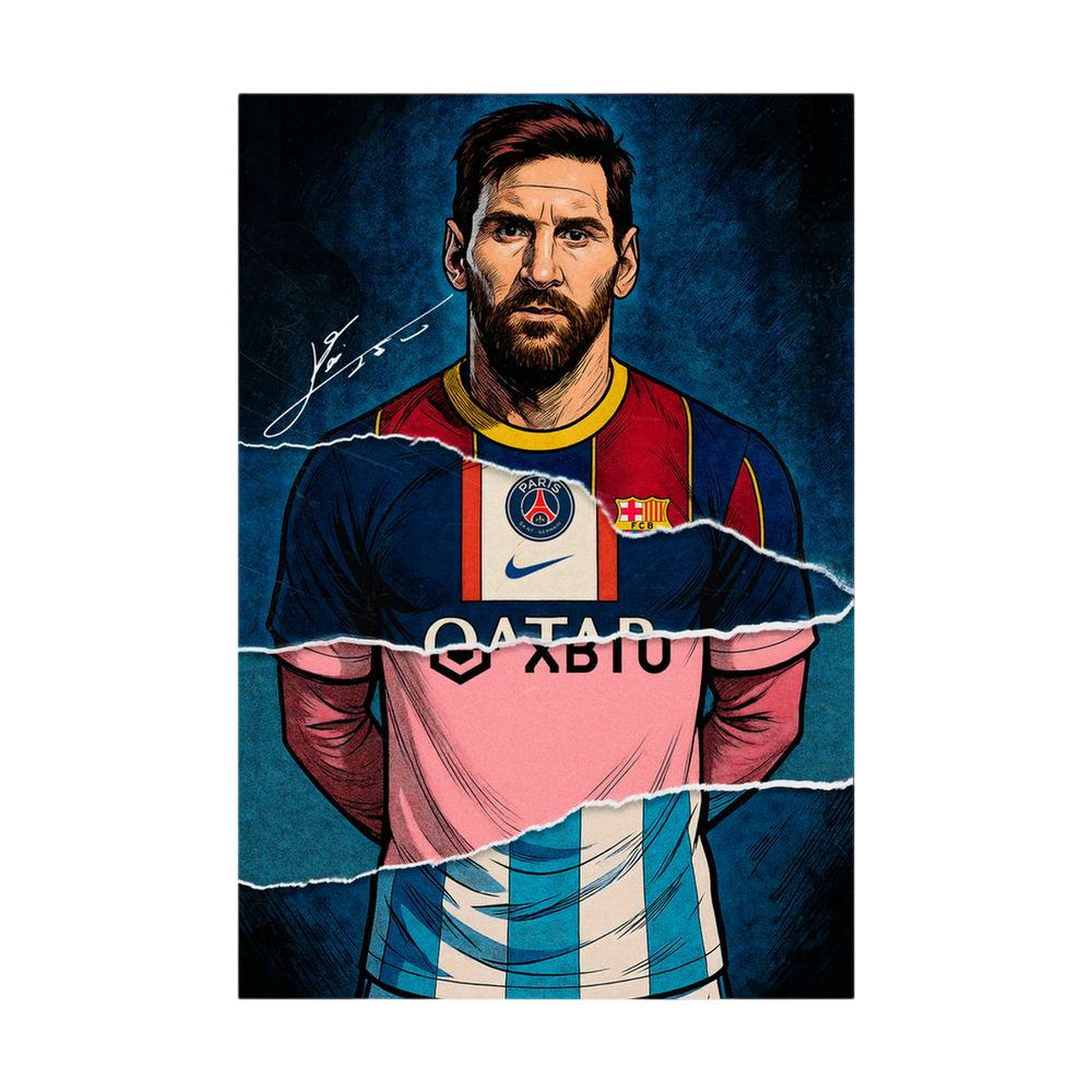 Football portrait with navy, red, pink and sky-blue torn-paper layers, shown unframed.
