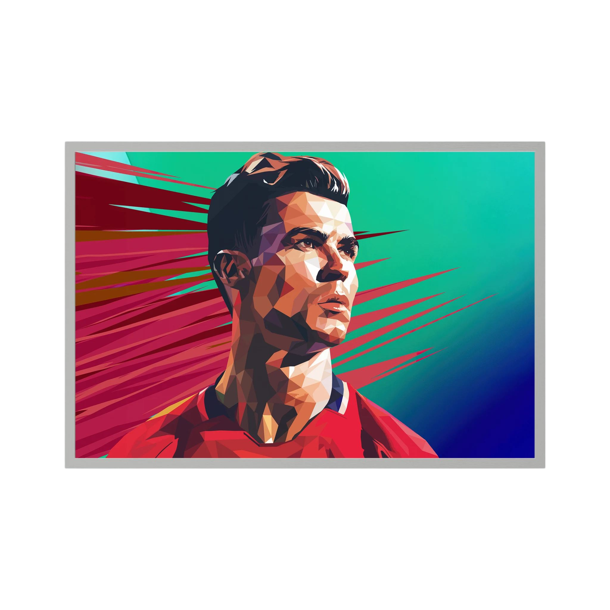 Geometric portrait of Cristiano Ronaldo in red against a green and burgundy speed-line background, shown in product view 2.