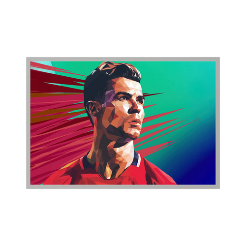 Geometric portrait of Cristiano Ronaldo in red against a green and burgundy speed-line background, shown in product view 2.