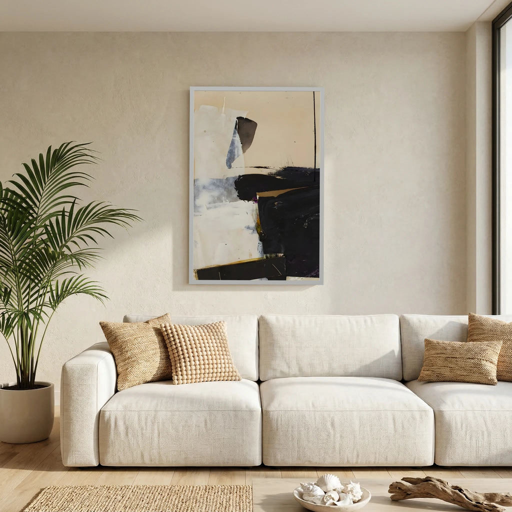 Broad black, cream and grey painterly forms create a restrained high-contrast abstract composition, shown in product view 7.