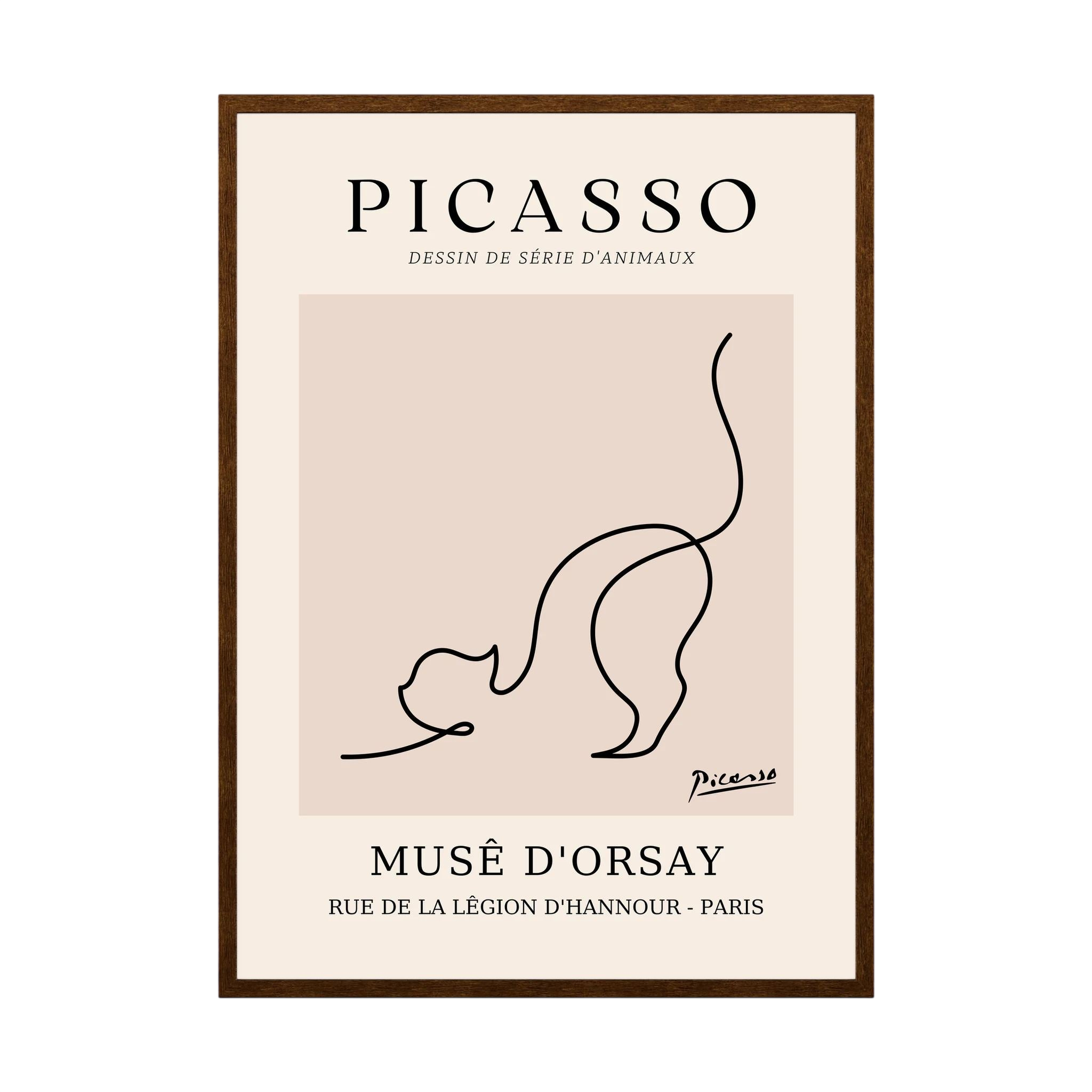 Single black line sketches a curious cat with raised tail in a warm beige museum-style poster, shown in product view 4.