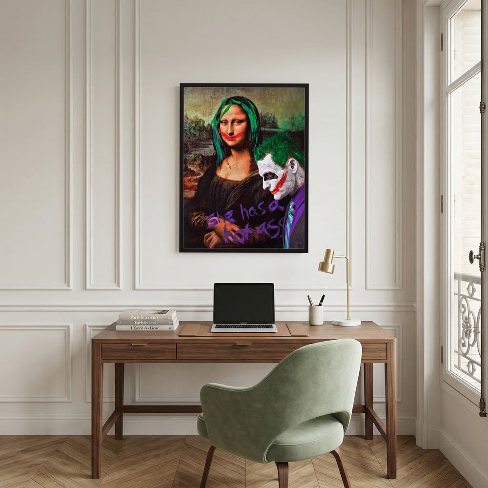 Alternative size view of classical pop art portrait with green hair and painted red smiles, shown in a mint wooden frame.