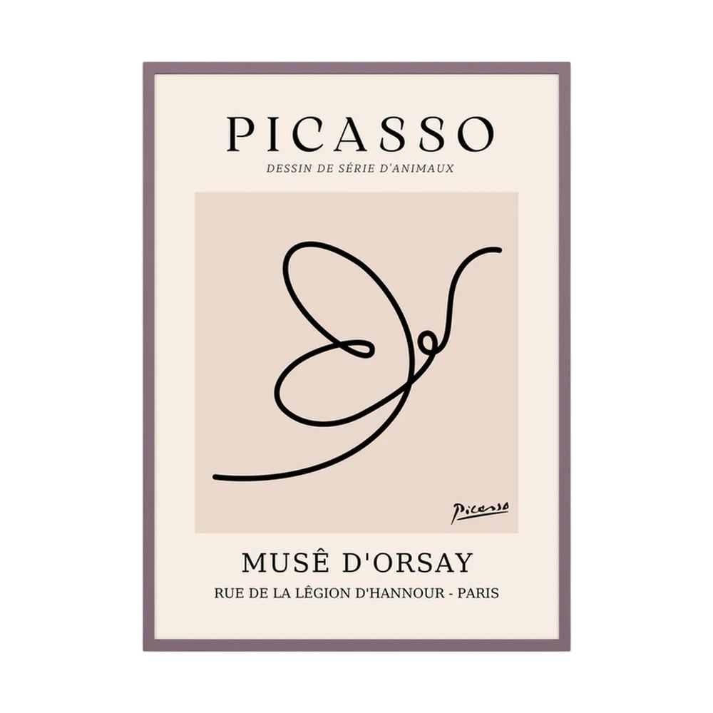 Single continuous black line forms a butterfly within a warm beige museum-style poster layout, shown in product view 4.