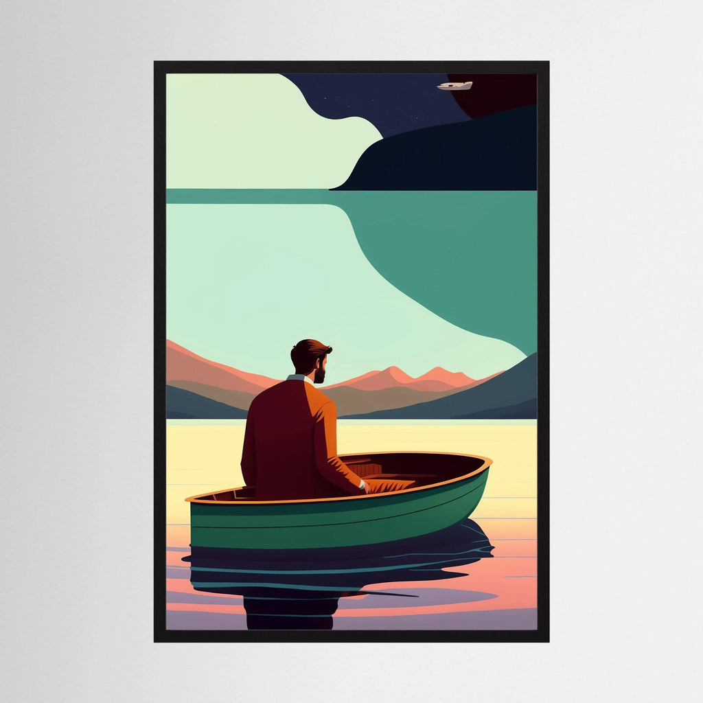 Solitary man seated in a green boat on still water beneath stylised mountains and a dark sky, shown in product view 2.