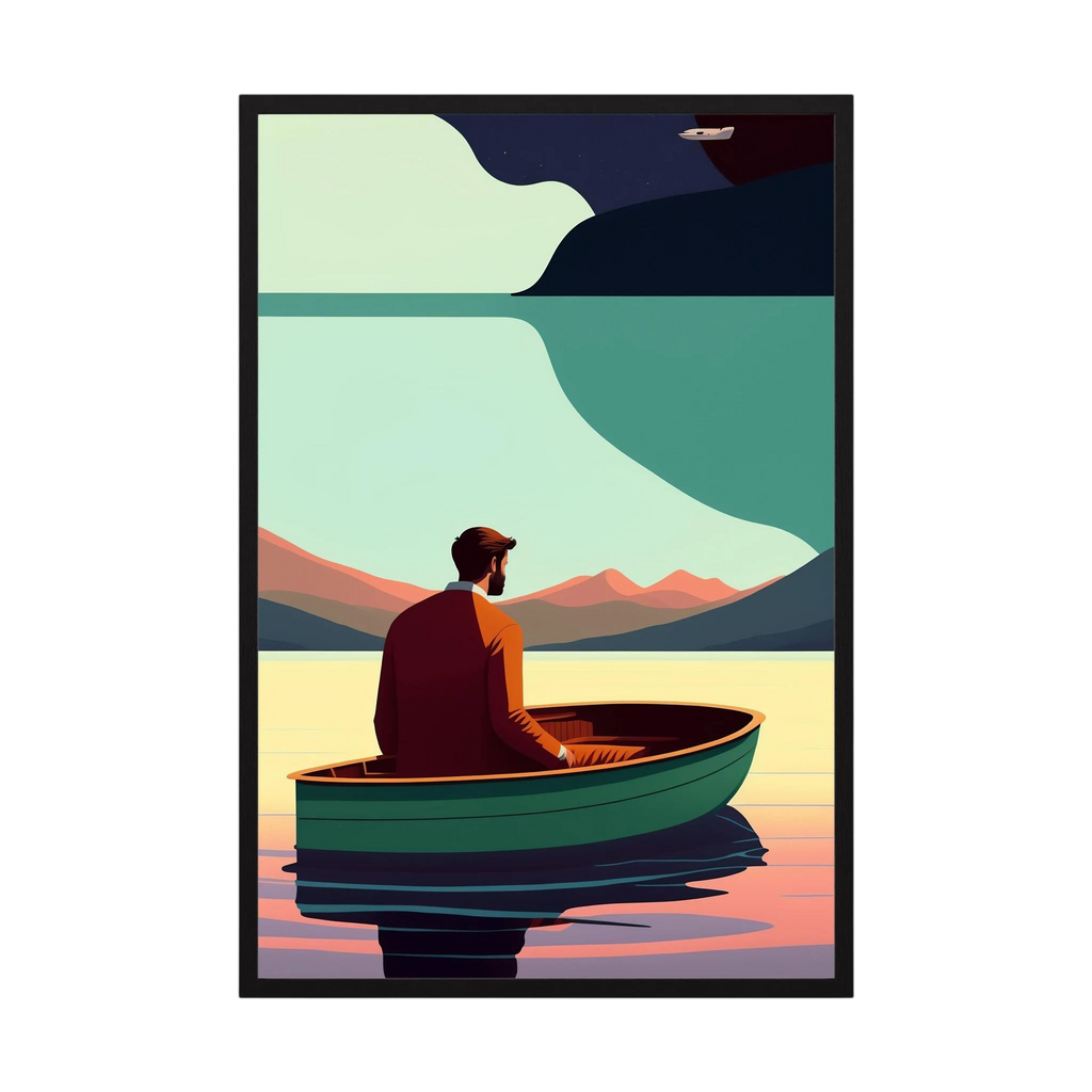 Solitary man seated in a green boat on still water beneath stylised mountains and a dark sky, shown in product view 2.