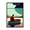 Solitary man seated in a green boat on still water beneath stylised mountains and a dark sky, shown in product view 2.