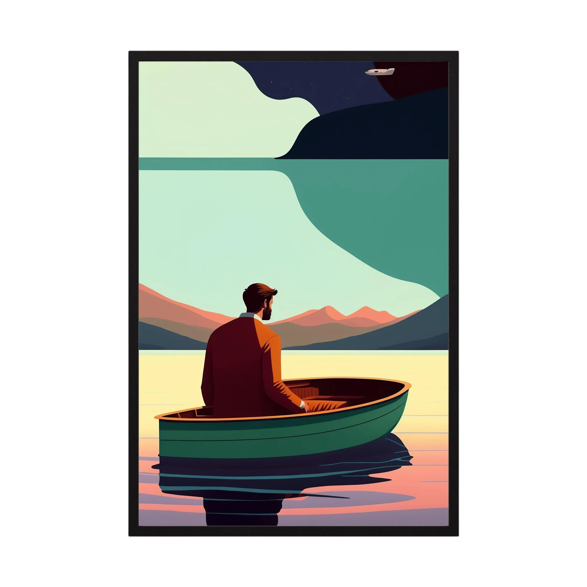 Solitary man seated in a green boat on still water beneath stylised mountains and a dark sky, shown in product view 2.