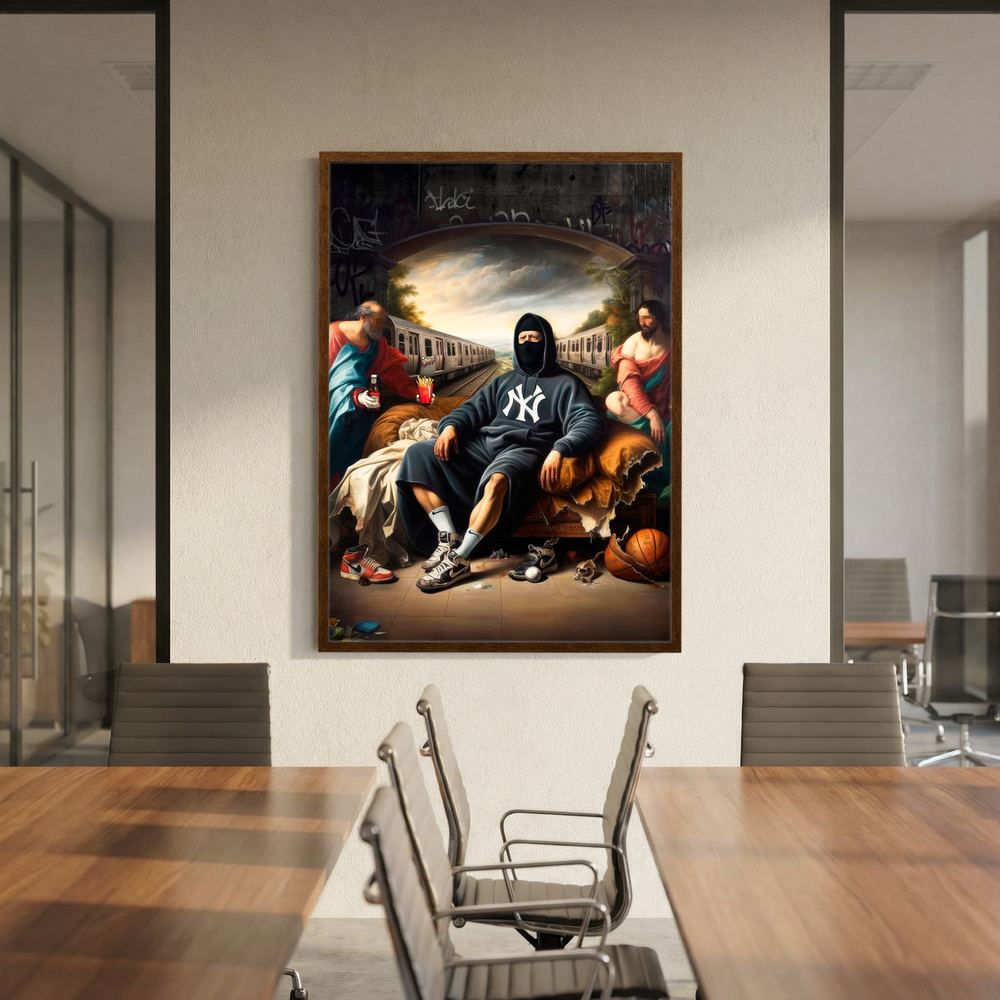 Alternative size view of Renaissance-inspired street art group portrait, shown in a black wooden frame.