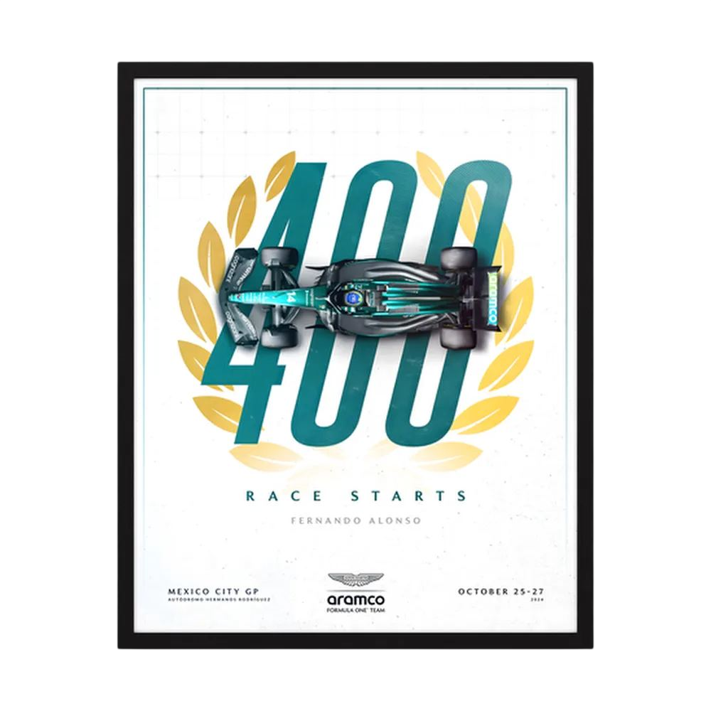 Green Formula One car over a large 400 race starts graphic for Fernando Alonso, shown in product view 4.
