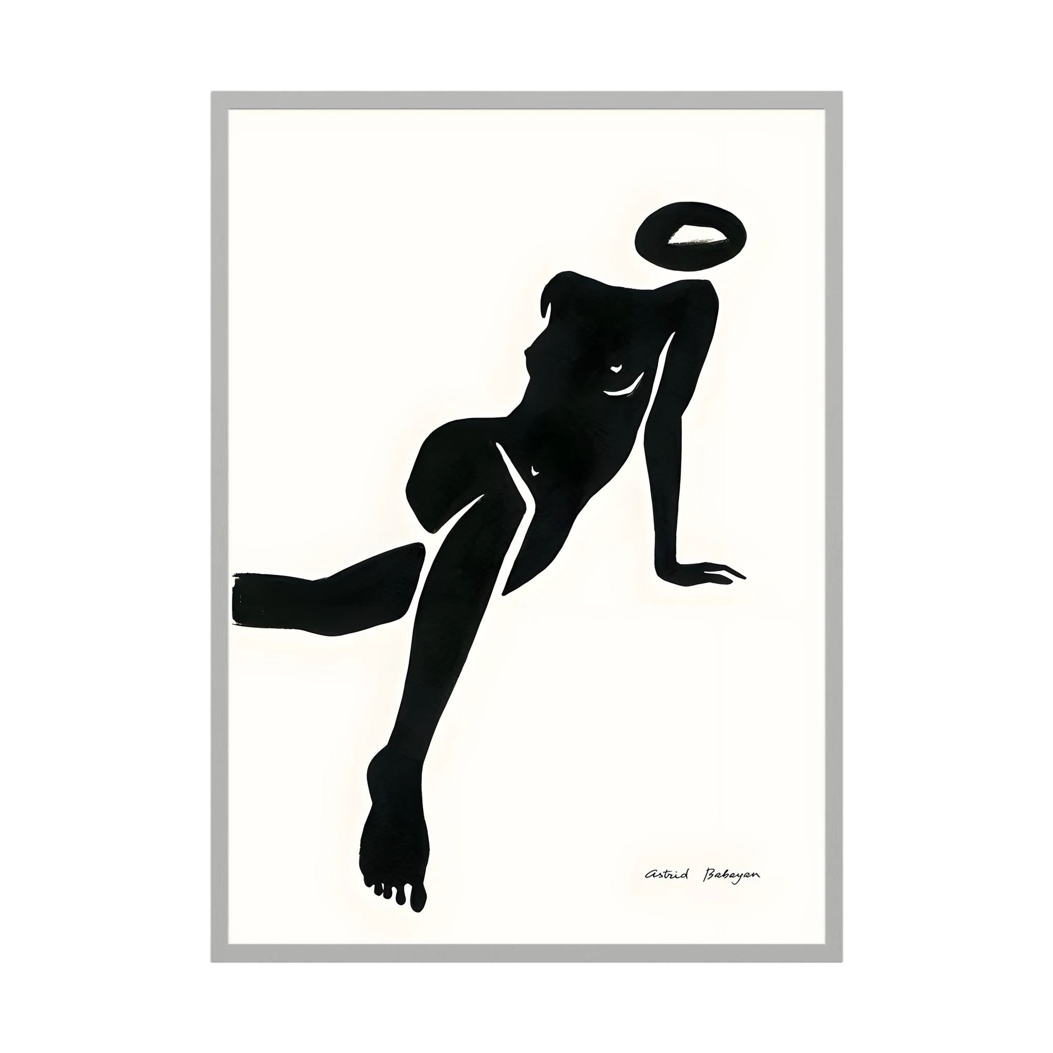 Black minimalist silhouette of a seated woman with a floating halo on a cream background, shown in product view 2.