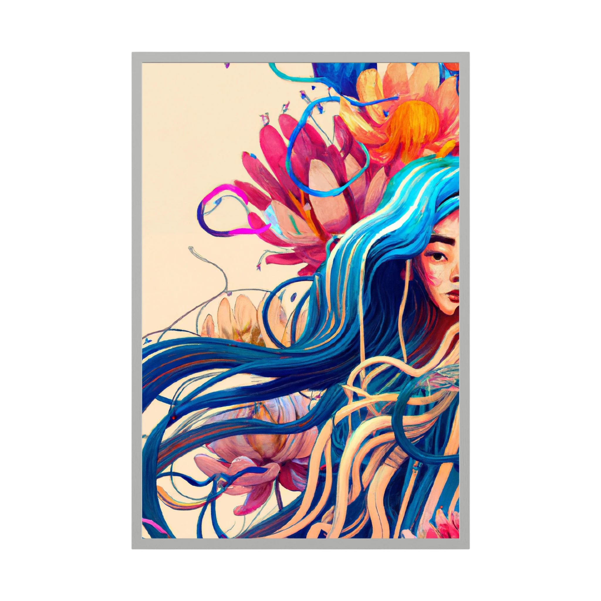 Illustrated woman with long flowing blue hair surrounded by coral and pink botanical forms.
