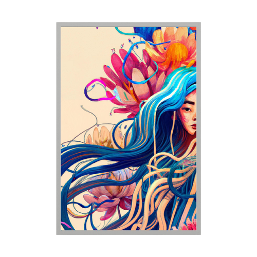 Illustrated woman with long flowing blue hair surrounded by coral and pink botanical forms.