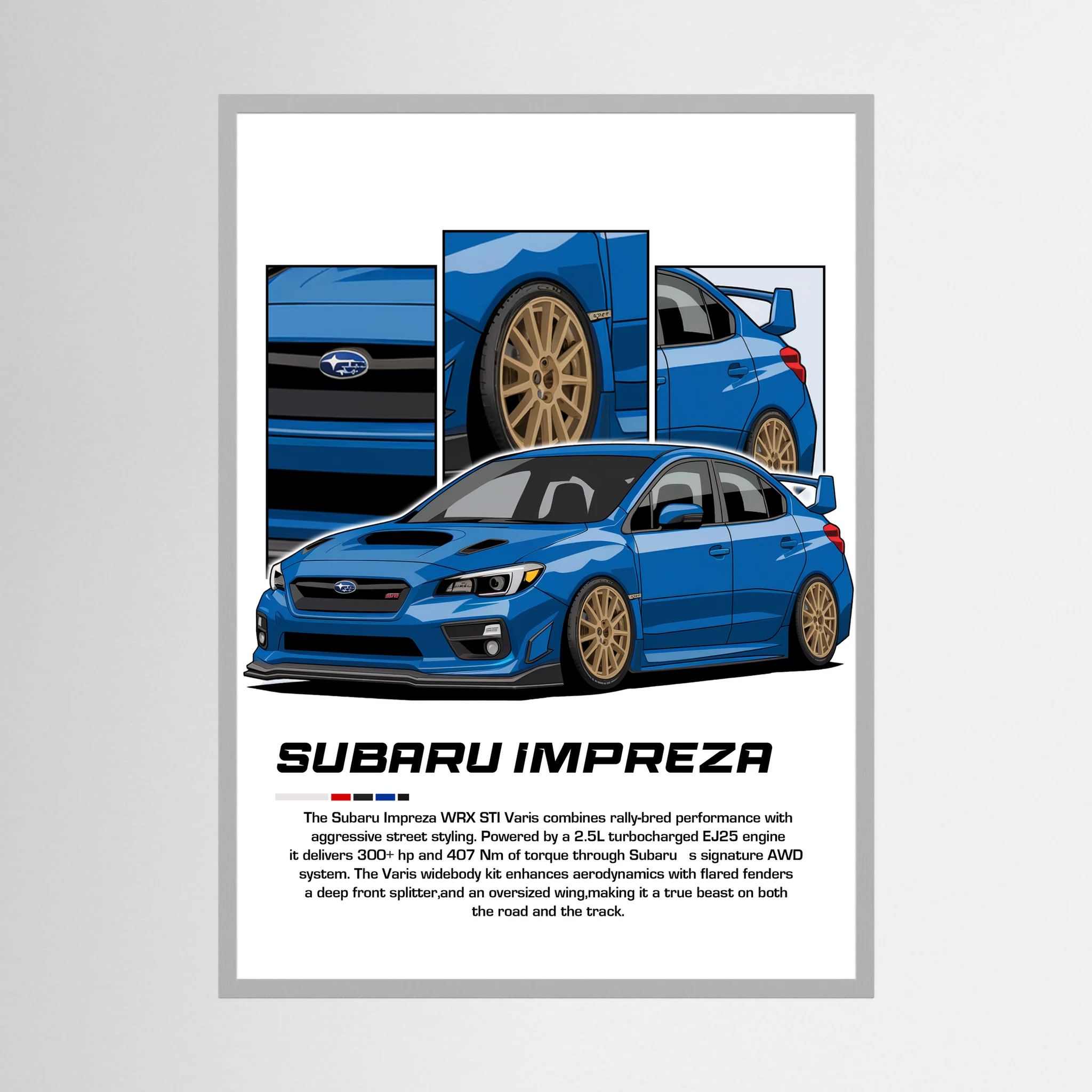 Blue Subaru Impreza illustration with gold wheels and close-up body panels.