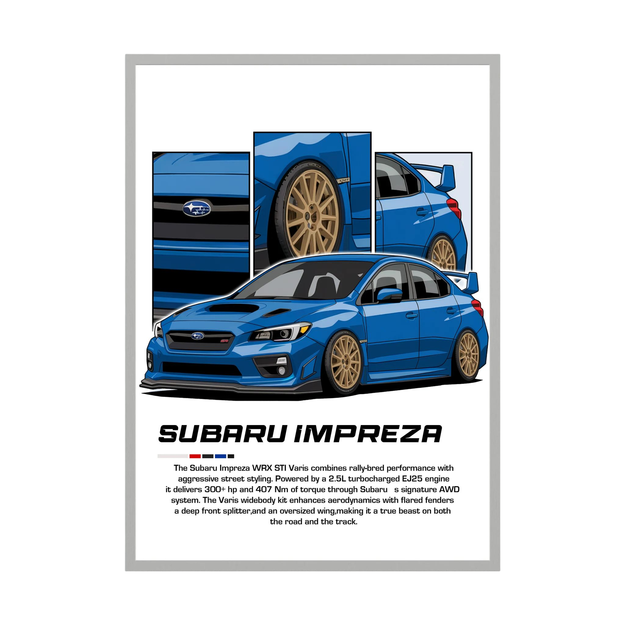Blue Subaru Impreza illustration with gold wheels and close-up body panels.