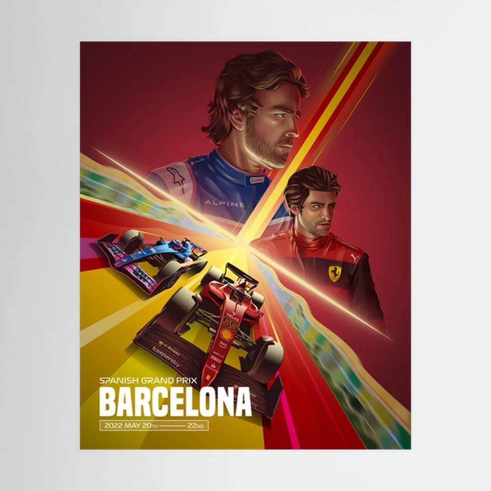 Illustrated Formula One drivers and red and blue racing cars on a Barcelona Grand Prix poster, shown in product view 3.