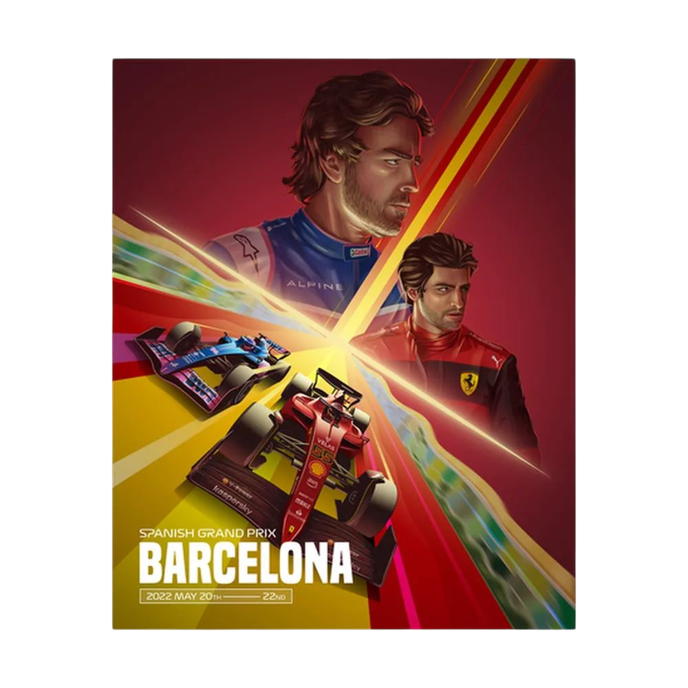 Illustrated Formula One drivers and red and blue racing cars on a Barcelona Grand Prix poster, shown in product view 3.