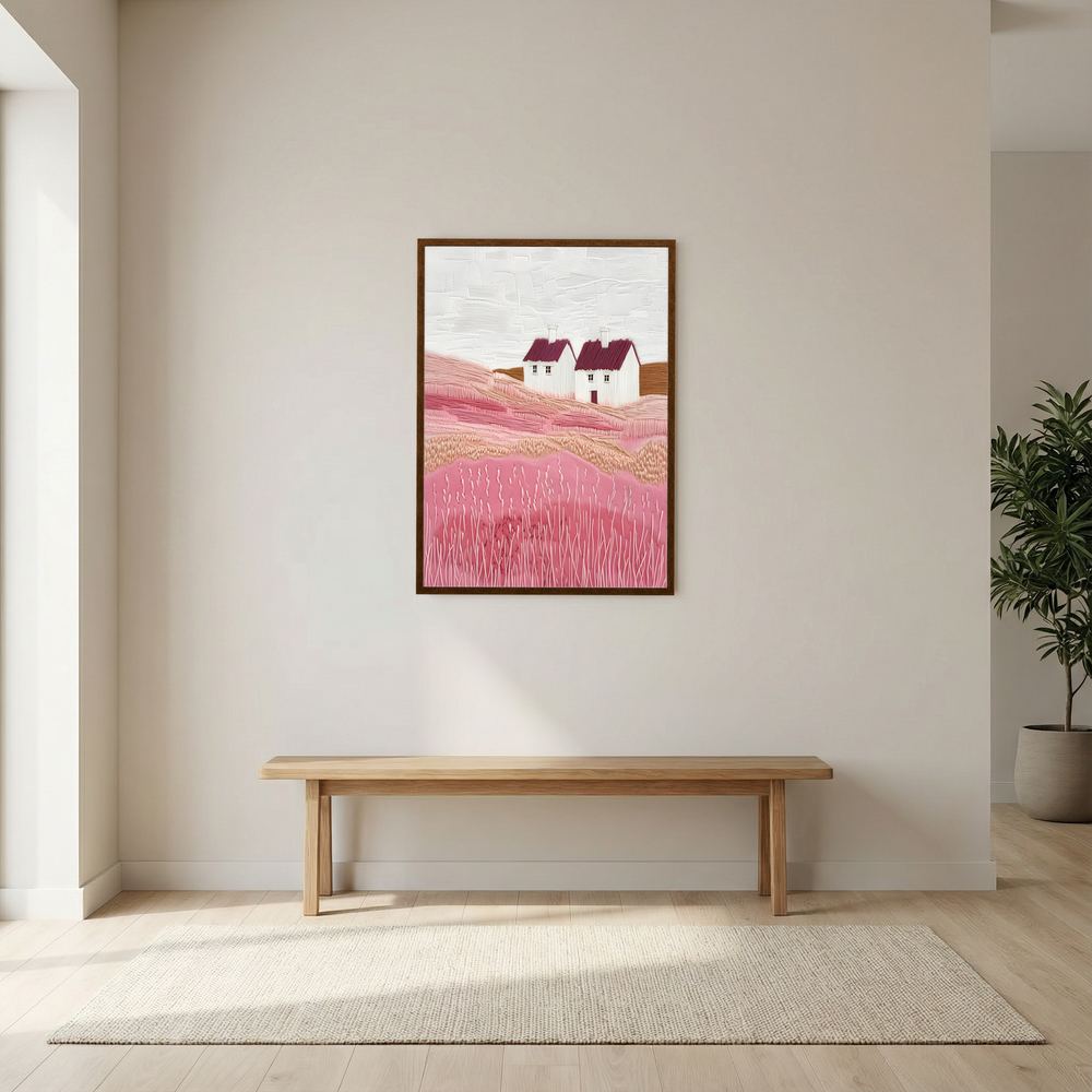 Rosefield Cottages pink countryside cottage art print, product view 6.