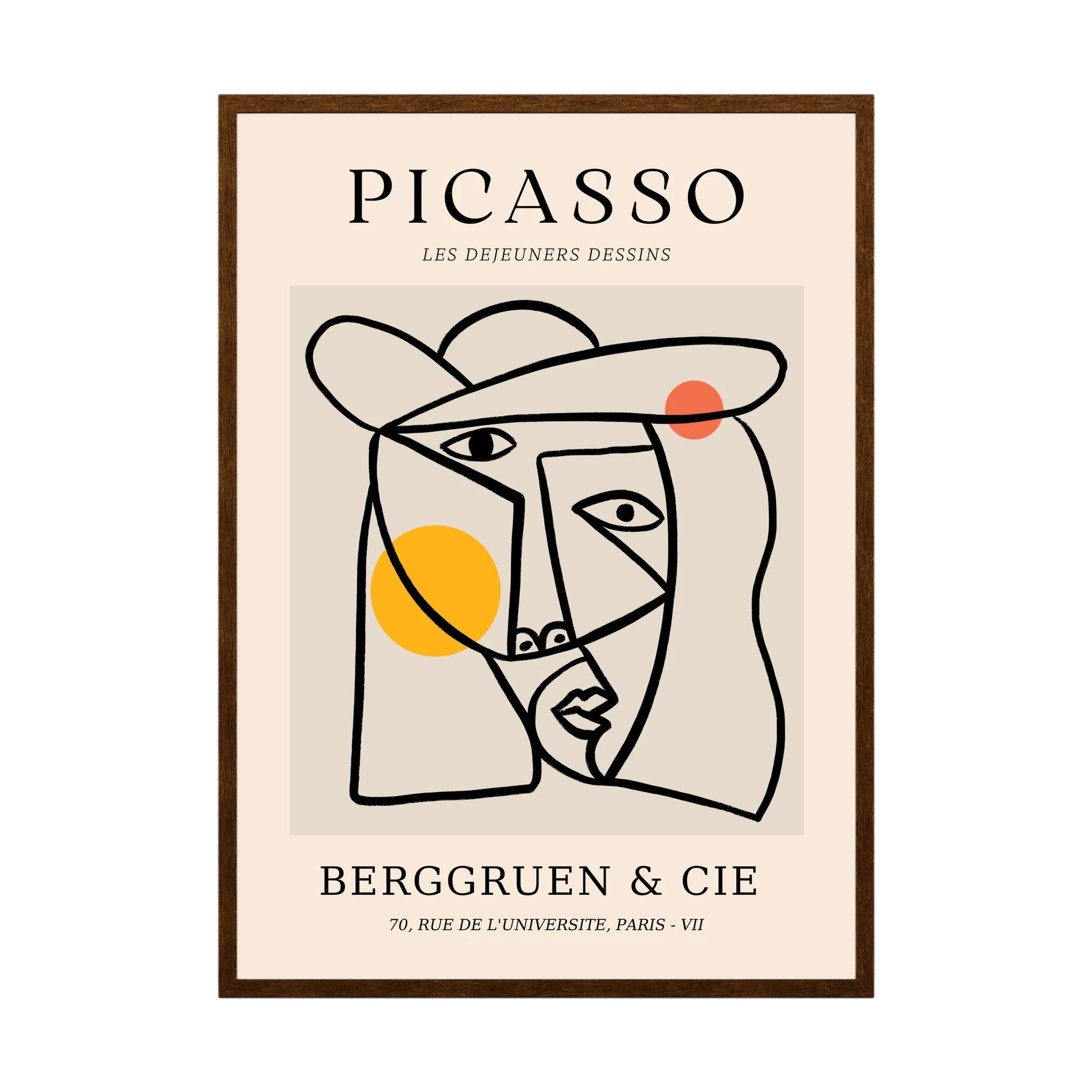 Cubist face drawn in strong black lines with yellow and orange circles on a neutral exhibition-style poster.