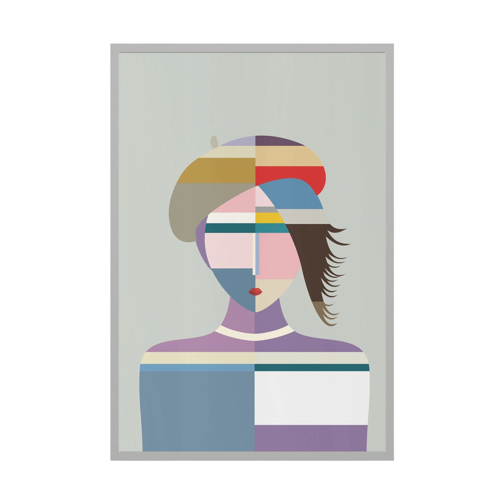 Faceted portrait of a woman in a red cap rendered in blue, lavender, grey and cream, shown in product view 2.