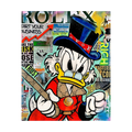Wealthy cartoon duck in top hat over luxury magazine collage.