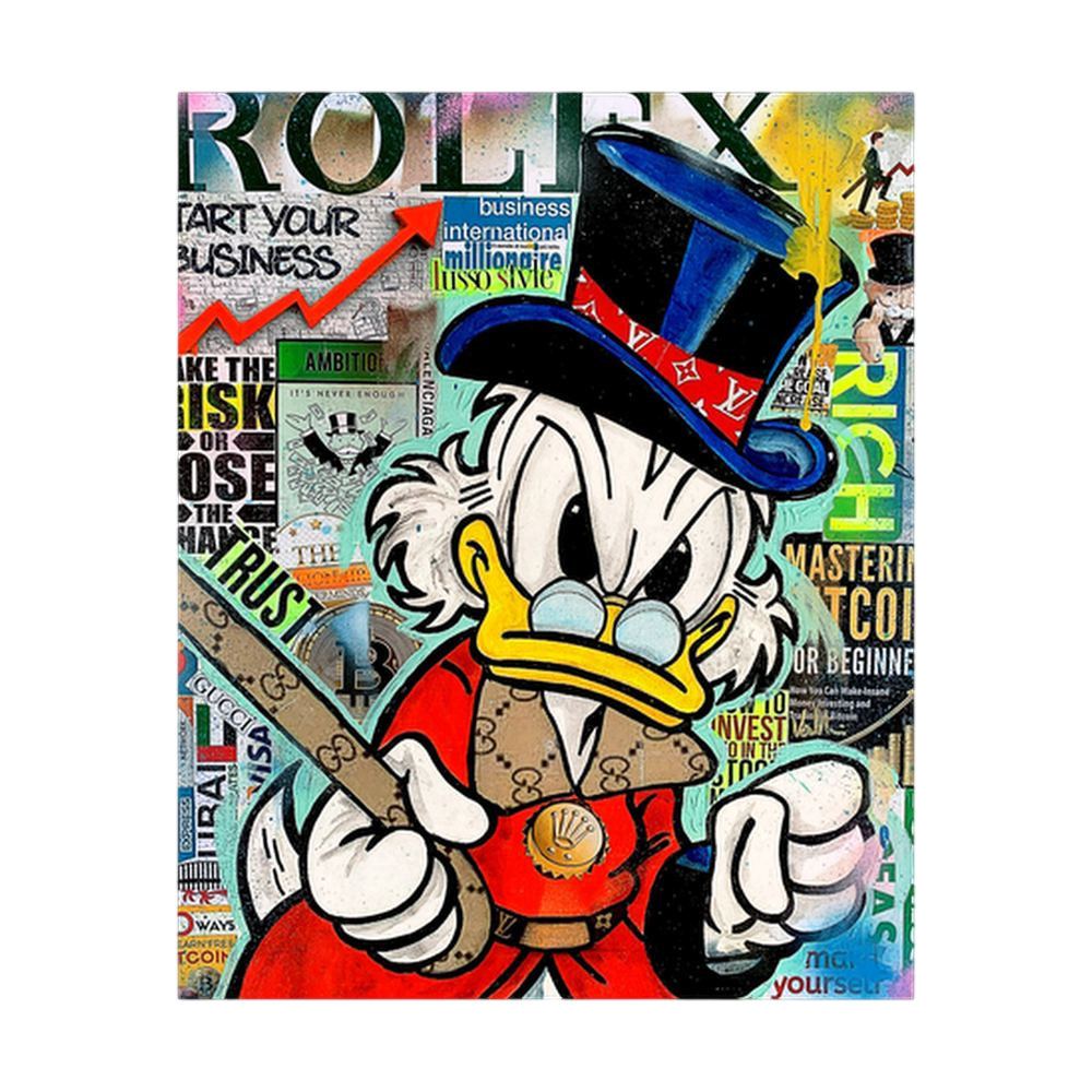 Wealthy cartoon duck in top hat over luxury magazine collage.